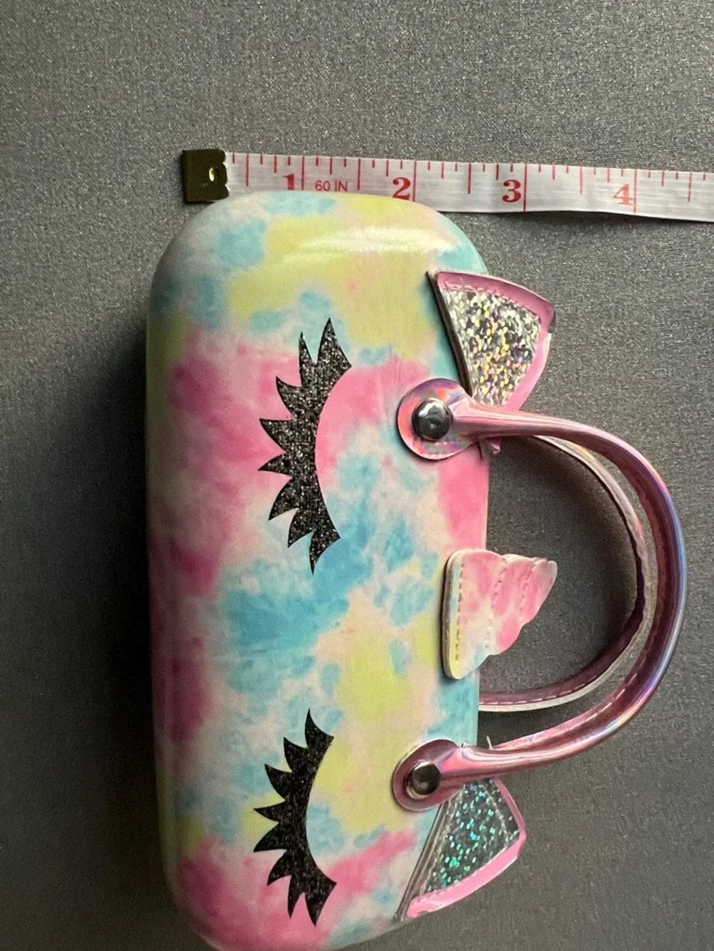 Unicorn Pastel Tie-Dye Glitter Eyelashes Ears Top-Handle Sunglasses 6” Case
